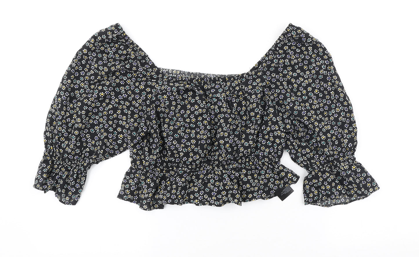 Urban Outfitters Womens Black Floral Viscose Cropped T-Shirt Size S Off the Shoulder