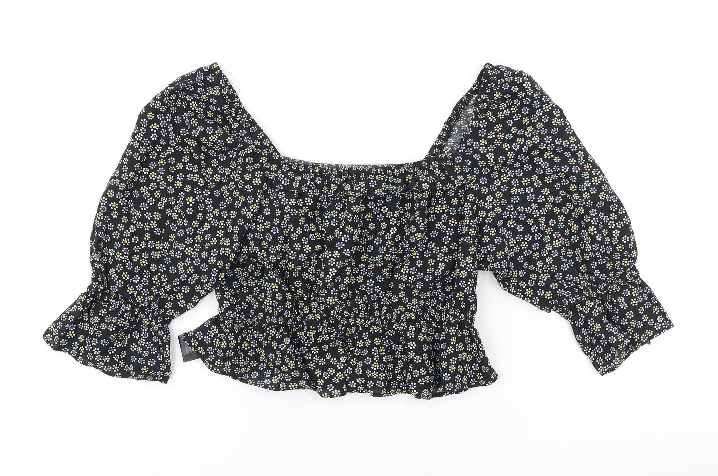 Urban Outfitters Womens Black Floral Viscose Cropped T-Shirt Size S Off the Shoulder