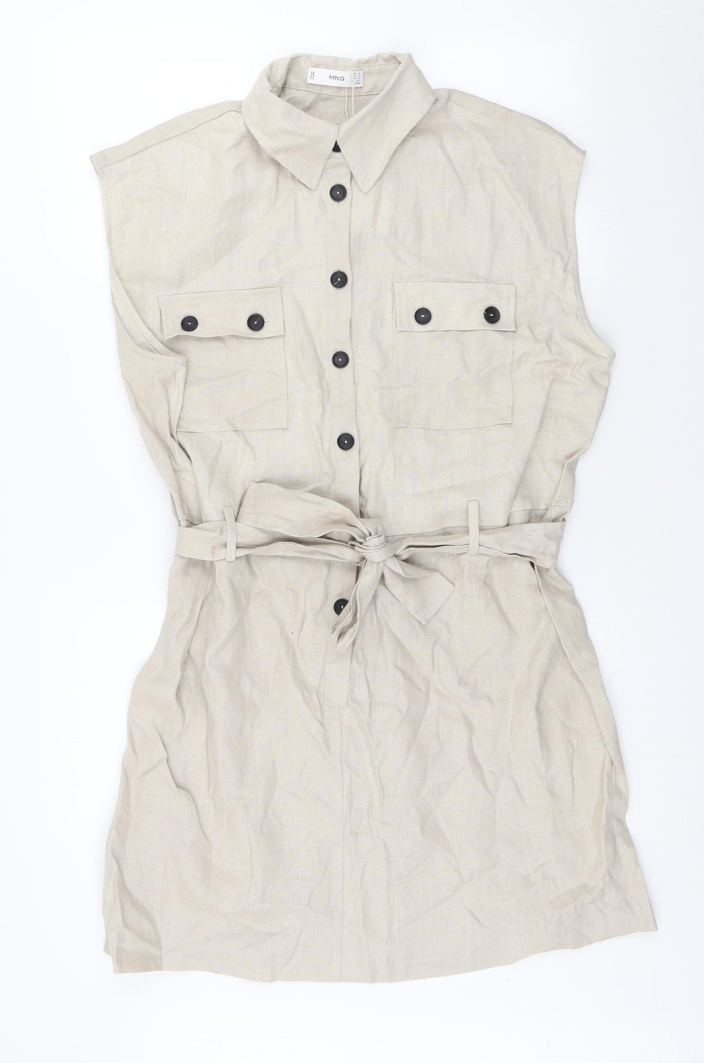 MNG Womens Beige Linen Sheath Size 12 Collared Button