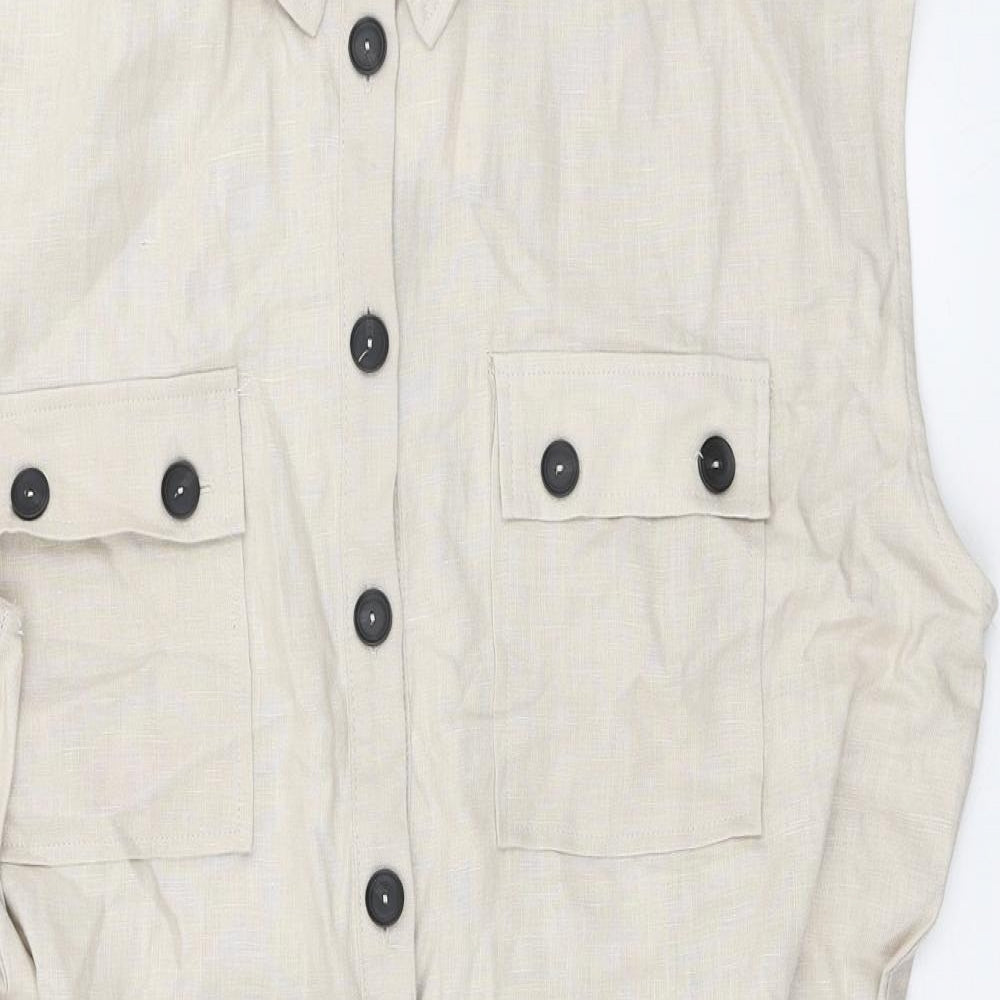 MNG Womens Beige Linen Sheath Size 12 Collared Button