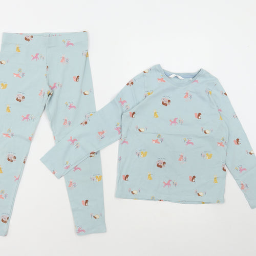 Marks and Spencer Girls Blue Geometric Cotton Trousers Outfit/Set Size 5-6 Years Pullover - Woodland Animals Print