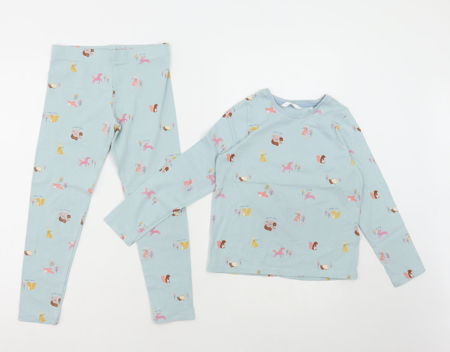 Marks and Spencer Girls Blue Geometric Cotton Trousers Outfit/Set Size 5-6 Years Pullover - Woodland Animals Print