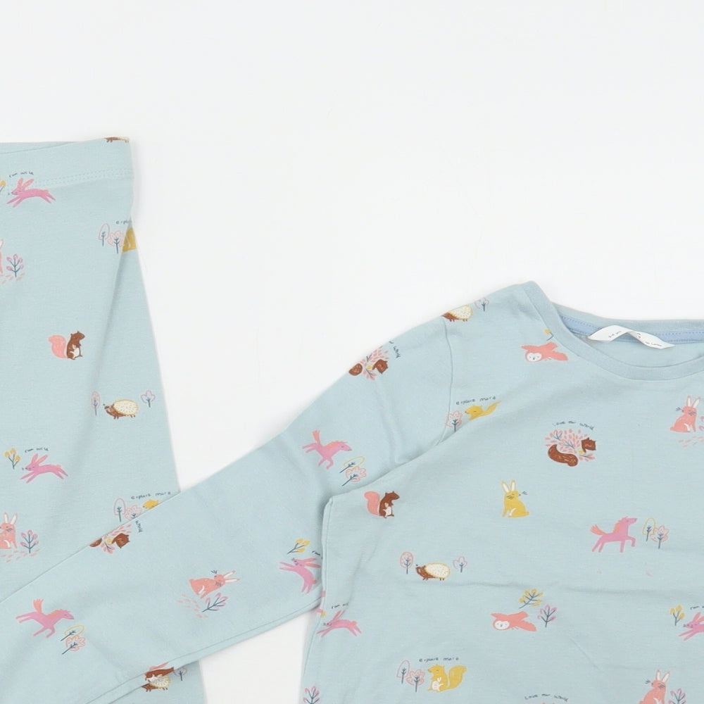 Marks and Spencer Girls Blue Geometric Cotton Trousers Outfit/Set Size 5-6 Years Pullover - Woodland Animals Print