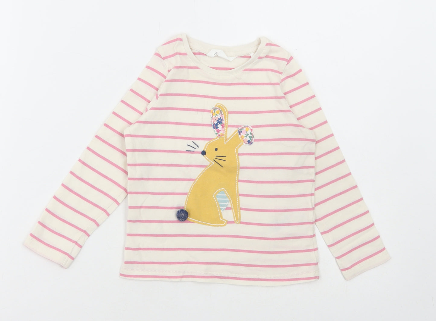 Marks and Spencer Girls White Striped Cotton Basic T-Shirt Size 3-4 Years Round Neck Pullover - Bunny Print