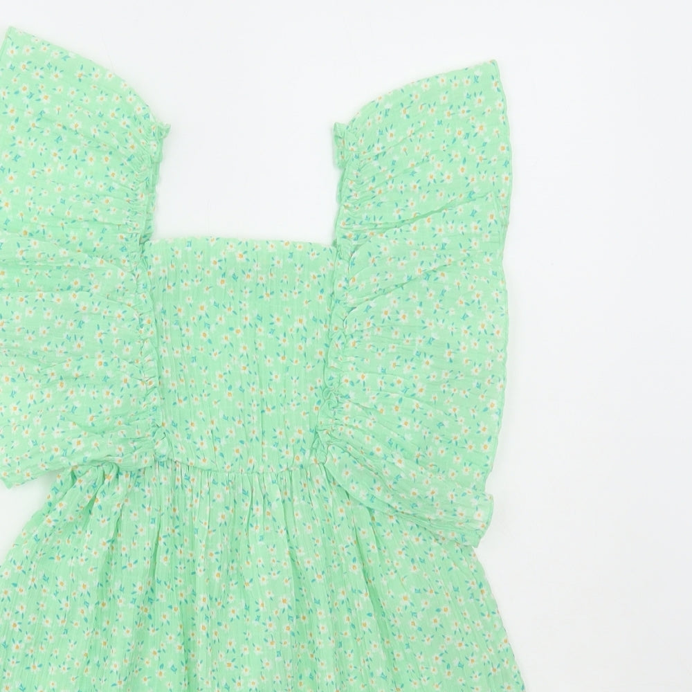 Primark Girls Green Floral Polyester A-Line Size 5-6 Years Square Neck Pullover