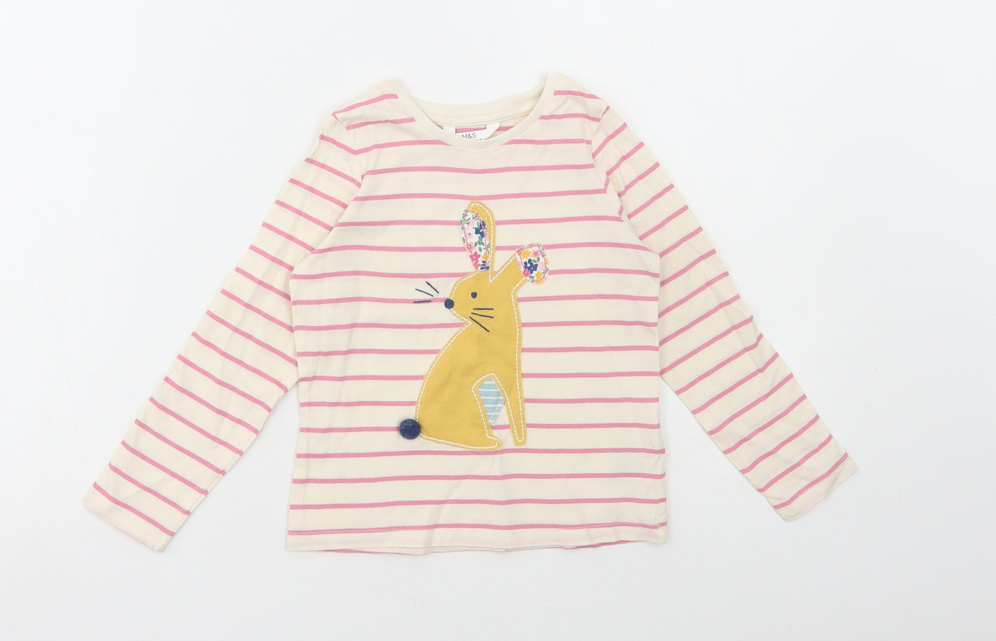 Marks and Spencer Girls White Striped Cotton Basic T-Shirt Size 5-6 Years Round Neck Pullover - Mouse Print