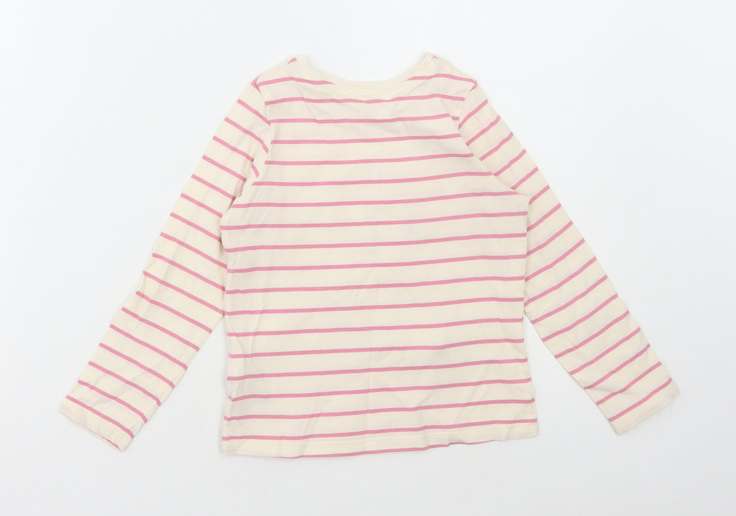 Marks and Spencer Girls White Striped Cotton Basic T-Shirt Size 5-6 Years Round Neck Pullover - Mouse Print
