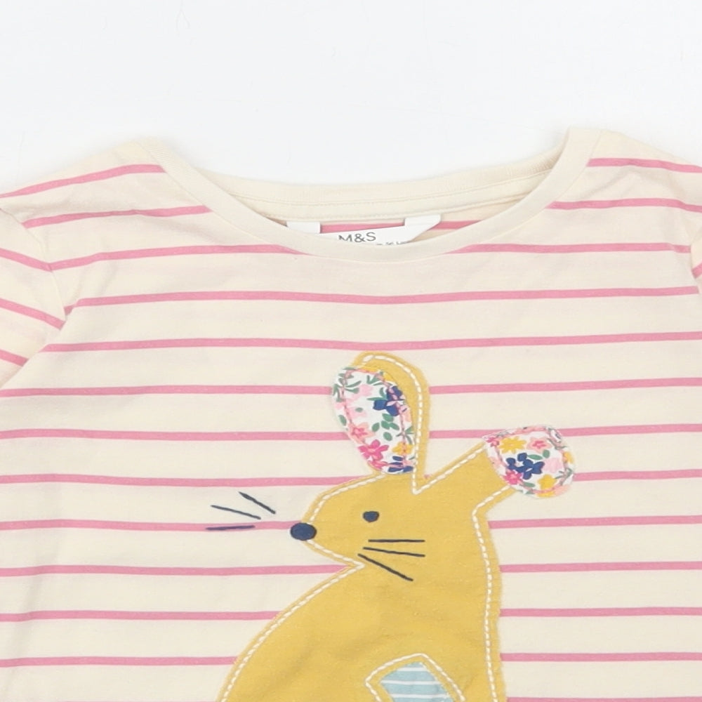 Marks and Spencer Girls White Striped Cotton Basic T-Shirt Size 5-6 Years Round Neck Pullover - Mouse Print