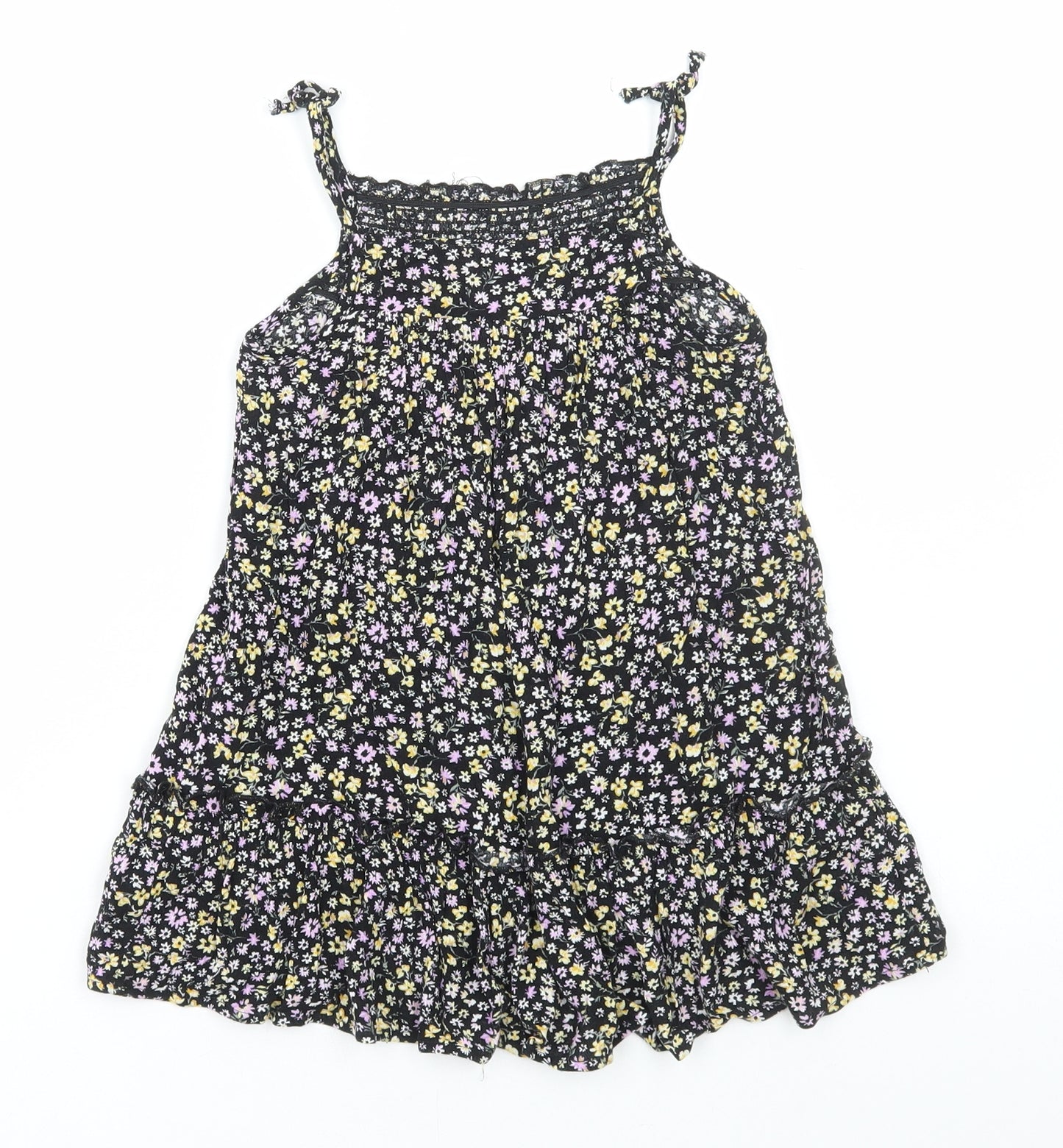 Primark Girls Black Floral Viscose A-Line Size 3-4 Years Square Neck Pullover