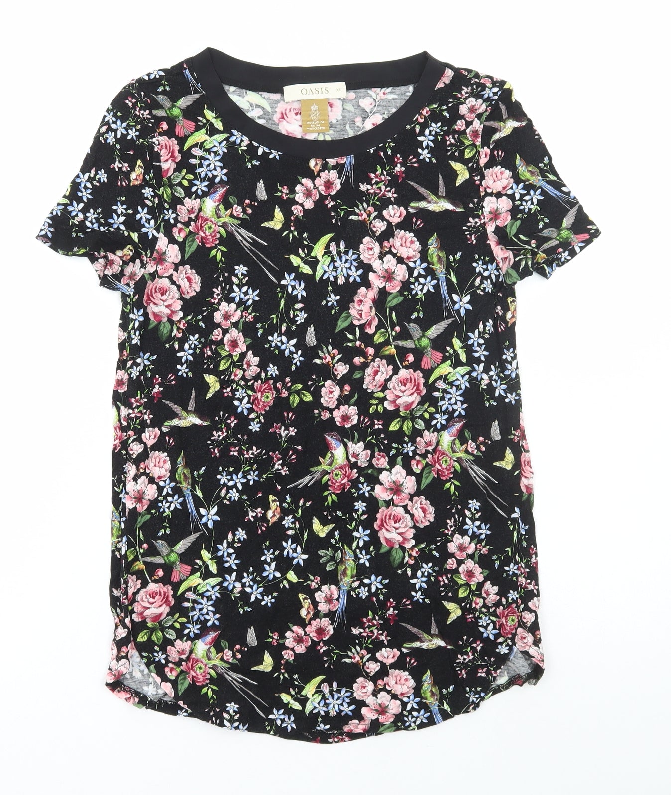 Oasis Womens Black Floral Viscose Basic T-Shirt Size XS Round Neck