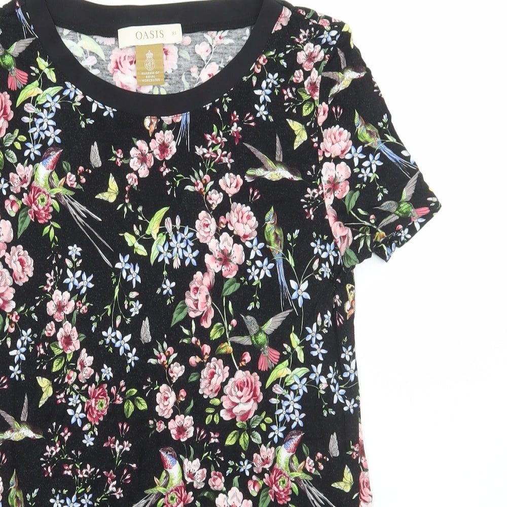 Oasis Womens Black Floral Viscose Basic T-Shirt Size XS Round Neck