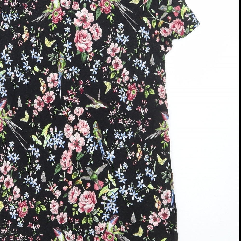Oasis Womens Black Floral Viscose Basic T-Shirt Size XS Round Neck