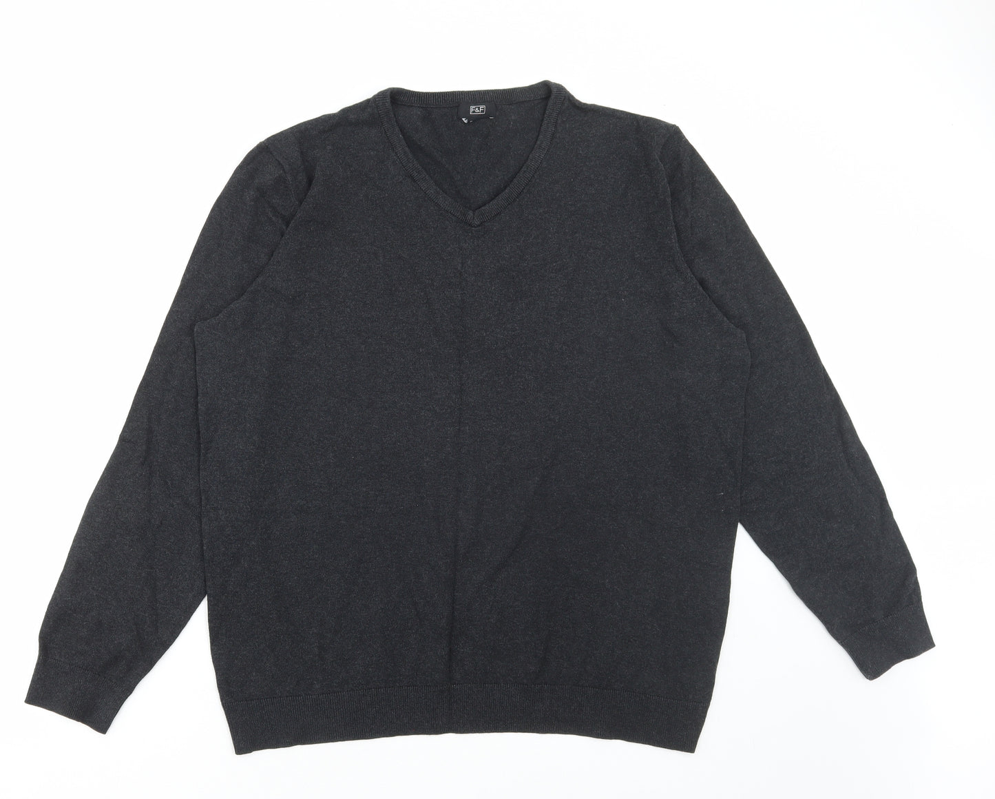 F&F Mens Grey V-Neck Cotton Pullover Jumper Size XL