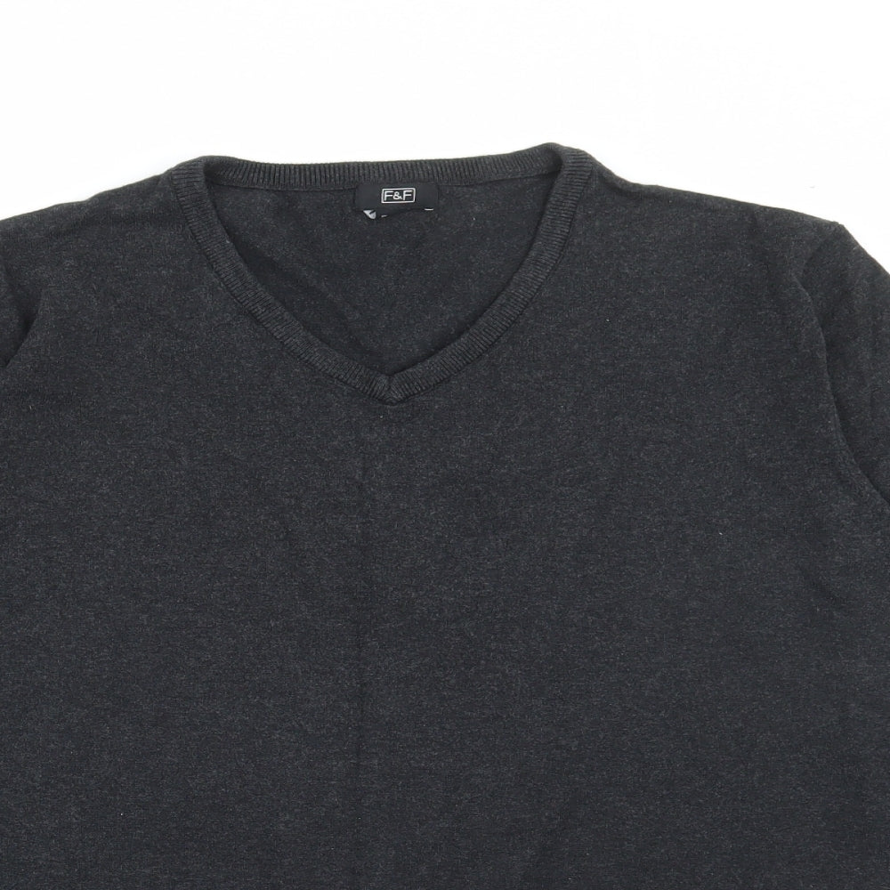 F&F Mens Grey V-Neck Cotton Pullover Jumper Size XL