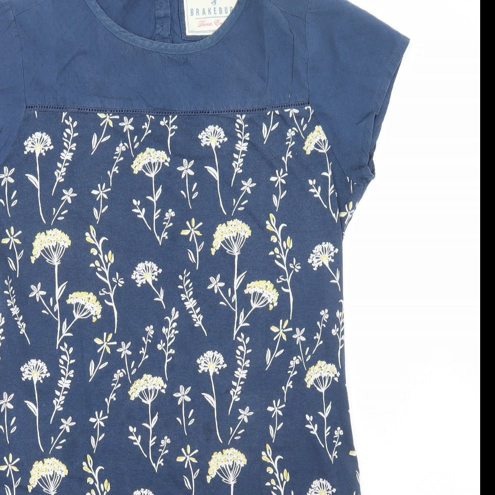 Brakeburn Womens Blue Floral Cotton A-Line Size 12 Round Neck Button