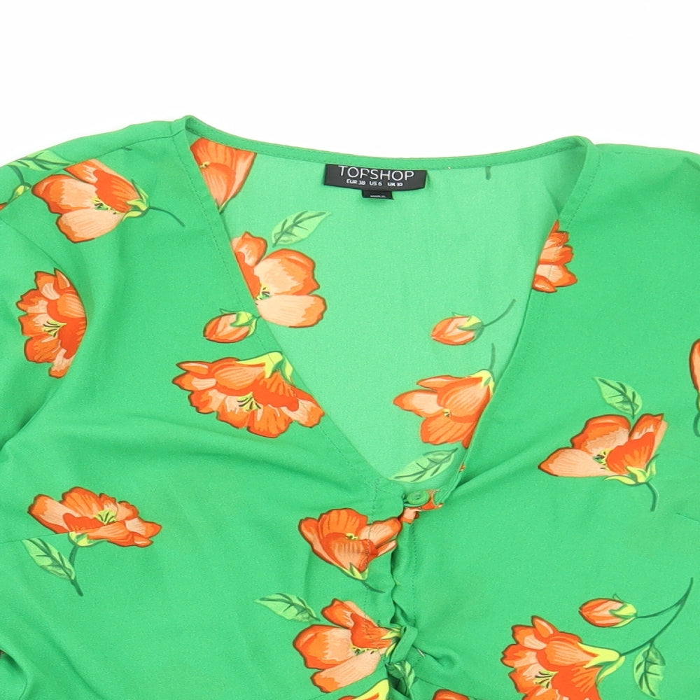 Topshop Womens Green Floral Polyester Basic Blouse Size 10 V-Neck