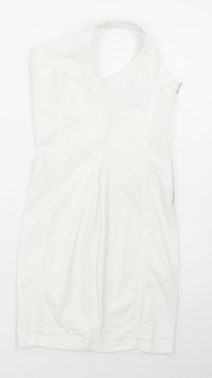 Denim & Co. Womens White Cotton Pinafore/Dungaree Dress Size 8 Halter Zip