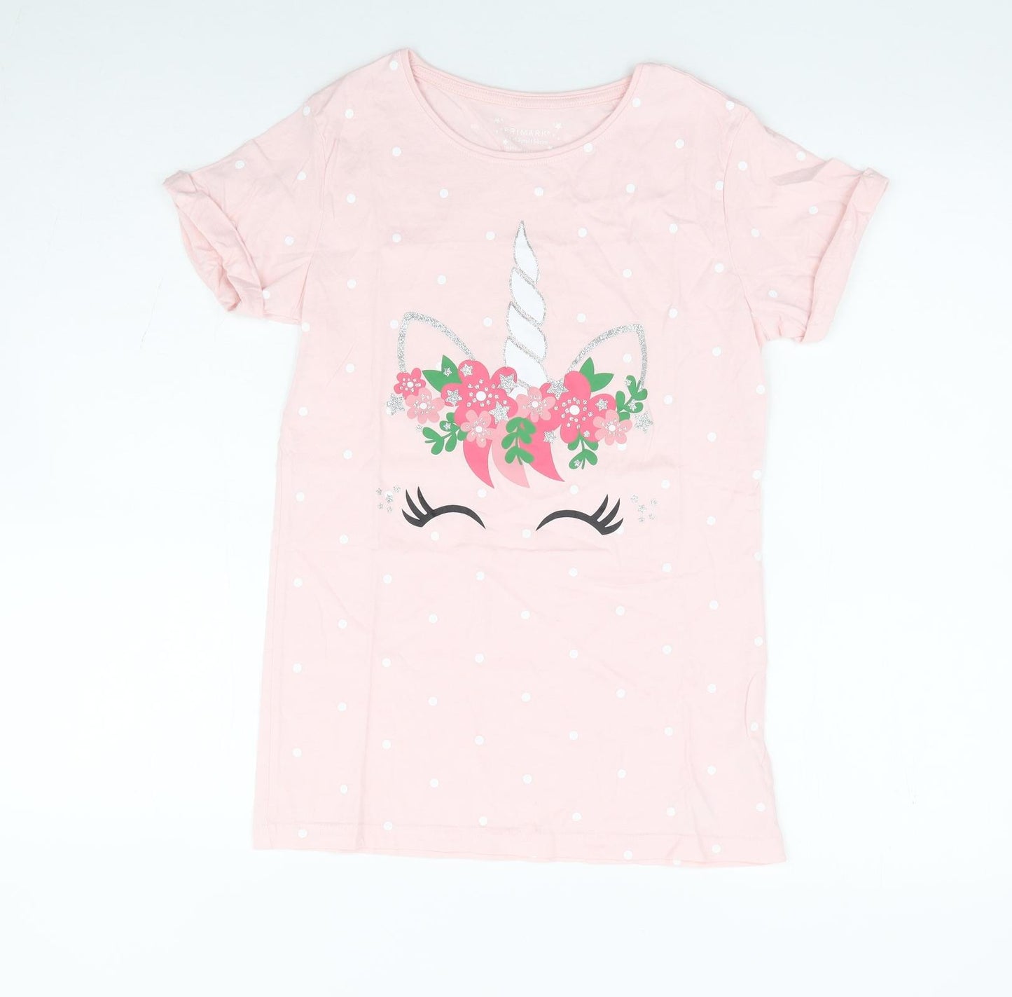 Primark Girls Pink Polka Dot 100% Cotton Basic T-Shirt Size 12-13 Years Round Neck Pullover - Unicorn