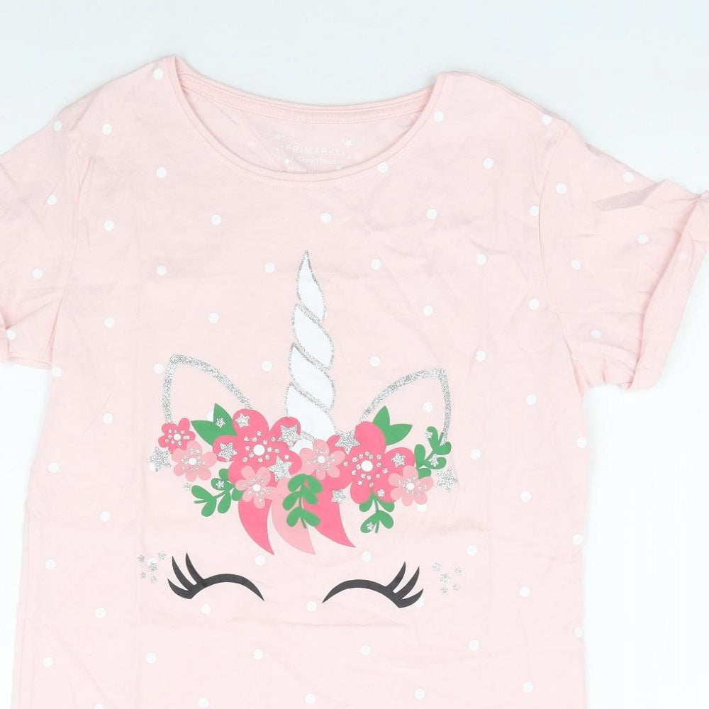 Primark Girls Pink Polka Dot 100% Cotton Basic T-Shirt Size 12-13 Years Round Neck Pullover - Unicorn