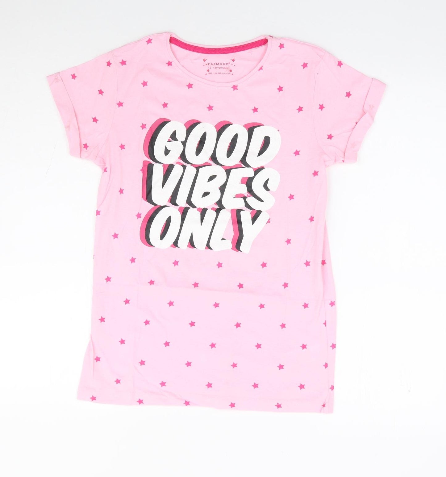 Primark Girls Pink Geometric 100% Cotton Basic T-Shirt Size 12-13 Years Round Neck Pullover - Good Vibes Only