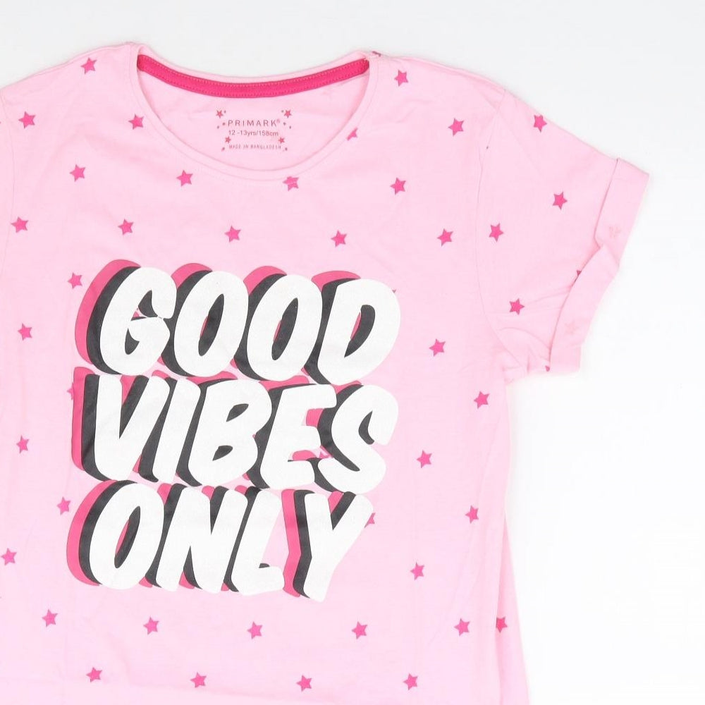Primark Girls Pink Geometric 100% Cotton Basic T-Shirt Size 12-13 Years Round Neck Pullover - Good Vibes Only