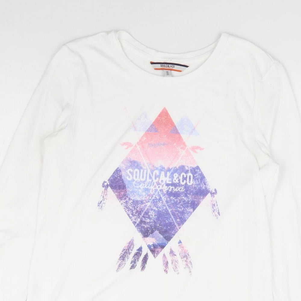 SoulCal&Co Girls White Polyester Basic T-Shirt Size 13 Years Round Neck Pullover