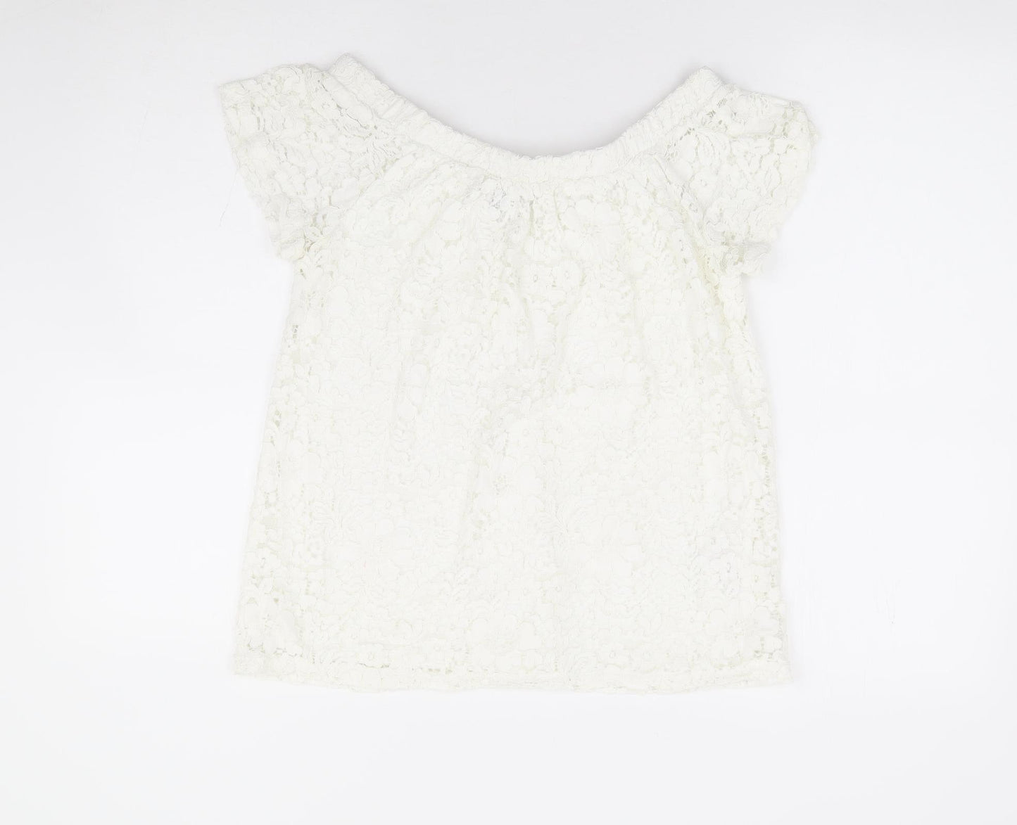 Peacocks Womens White Floral Nylon Basic Blouse Size 10 Off the Shoulder