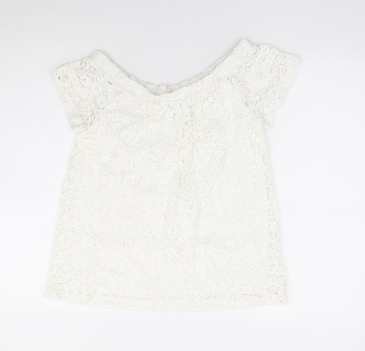 Peacocks Womens White Floral Nylon Basic Blouse Size 10 Off the Shoulder