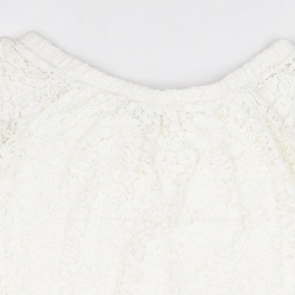 Peacocks Womens White Floral Nylon Basic Blouse Size 10 Off the Shoulder