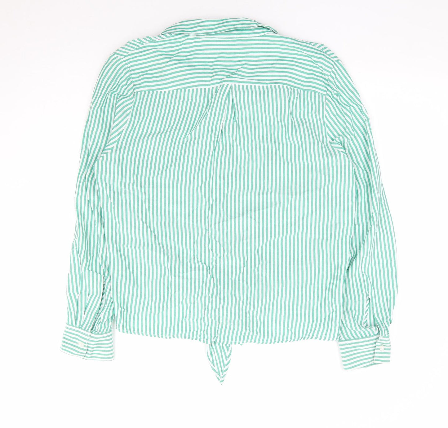 F&F Womens Green Striped Viscose Cropped Button-Up Size 14 Collared - Tie Front