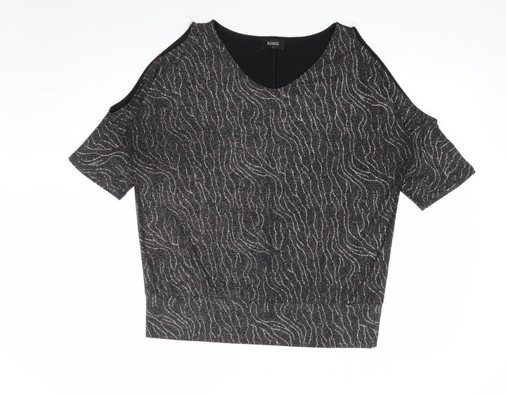 Klass Womens Black Geometric Polyester Jersey Blouse Size L V-Neck - Cold Shoulder