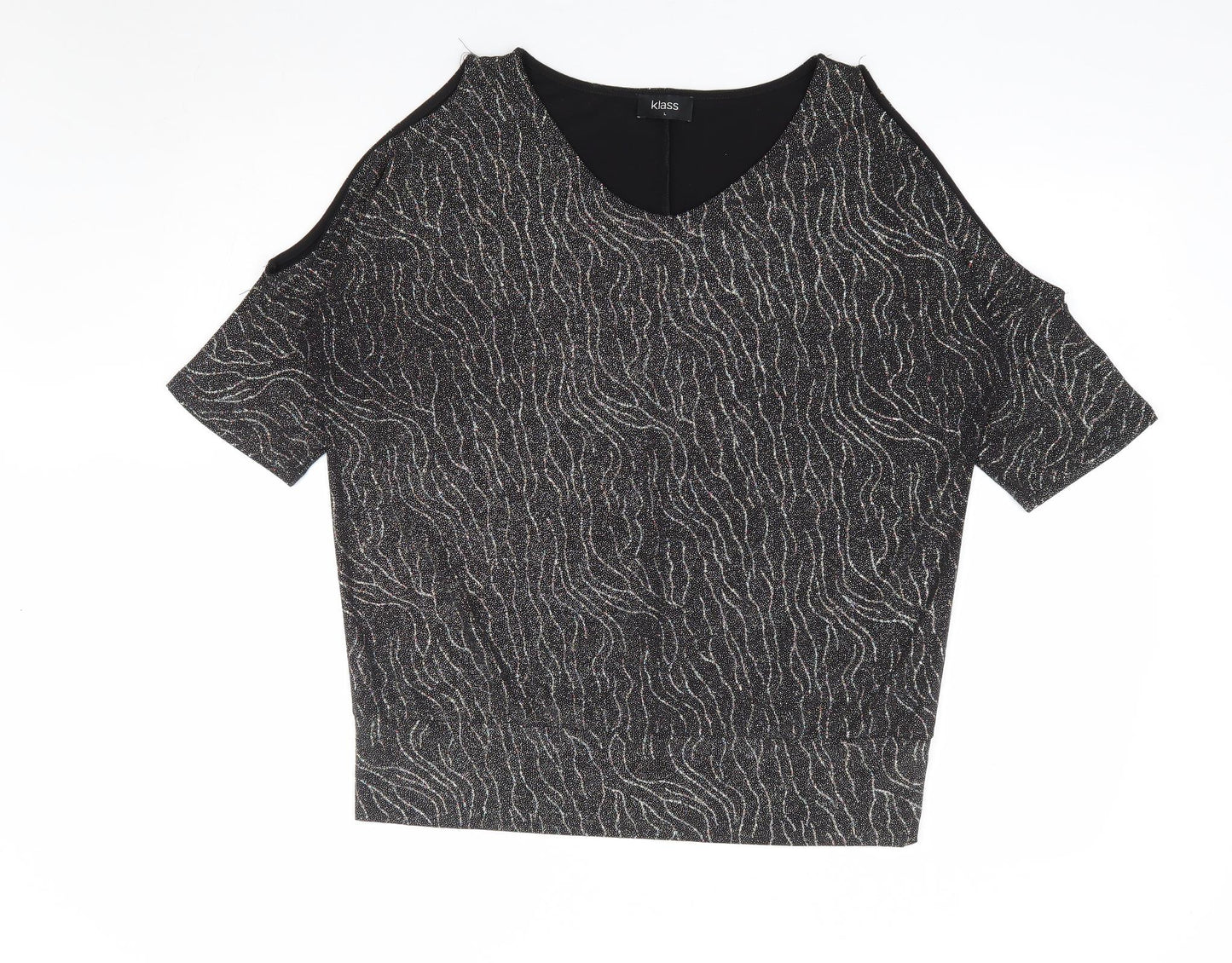 Klass Womens Black Geometric Polyester Jersey Blouse Size L V-Neck - Cold Shoulder