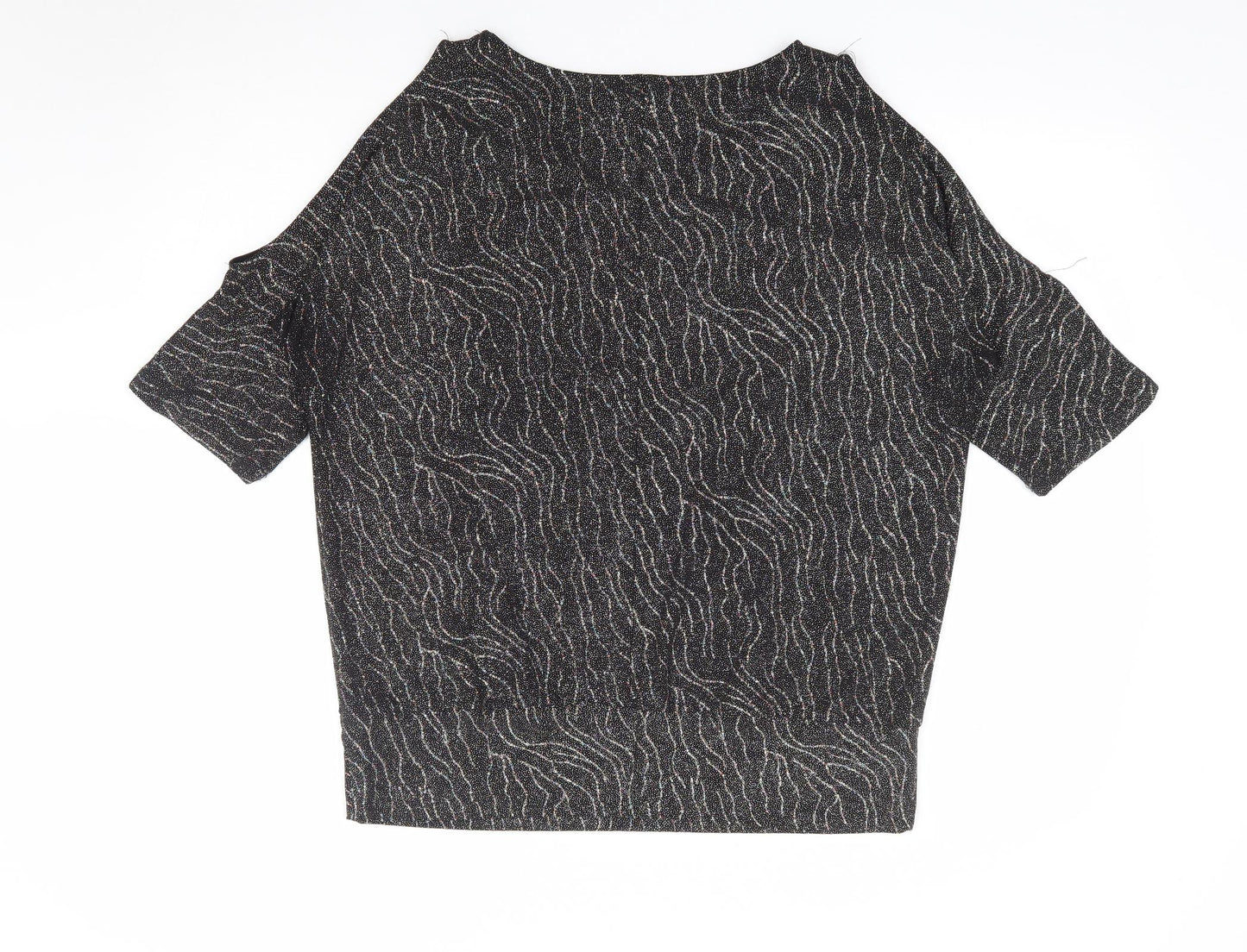 Klass Womens Black Geometric Polyester Jersey Blouse Size L V-Neck - Cold Shoulder