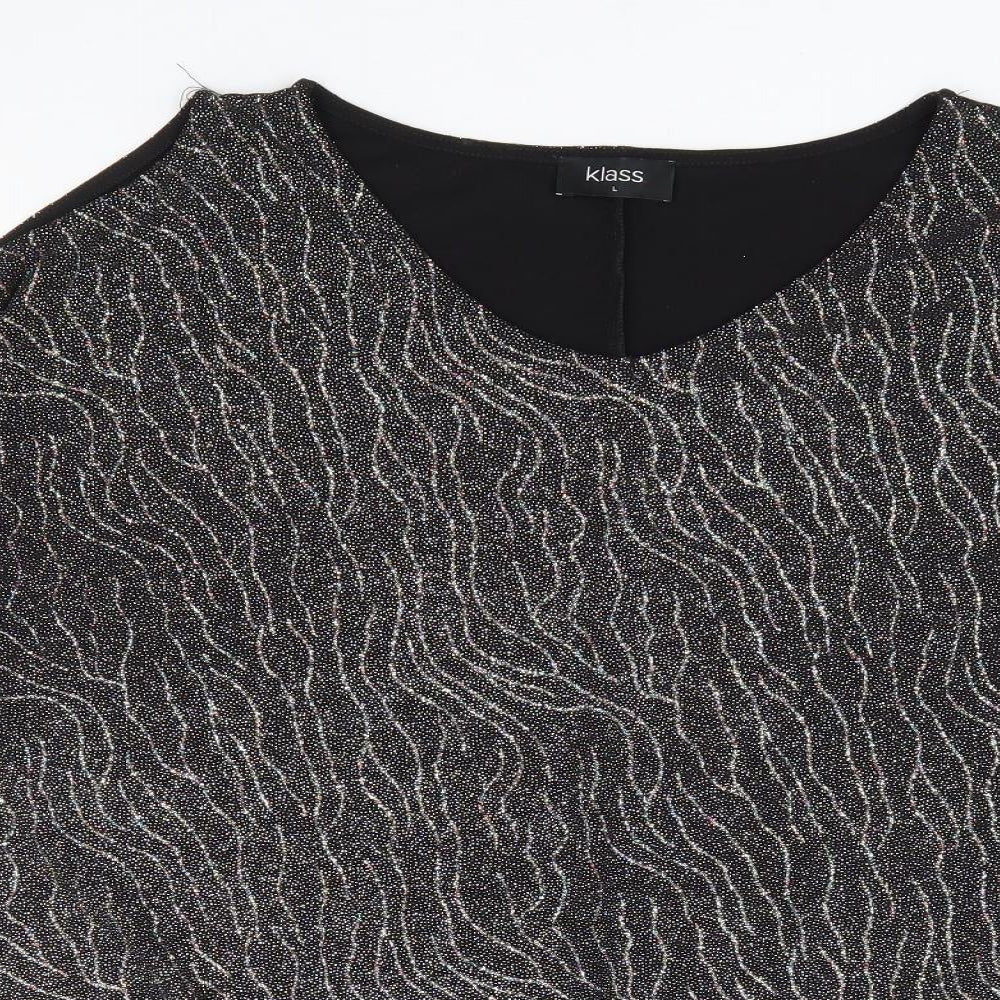 Klass Womens Black Geometric Polyester Jersey Blouse Size L V-Neck - Cold Shoulder