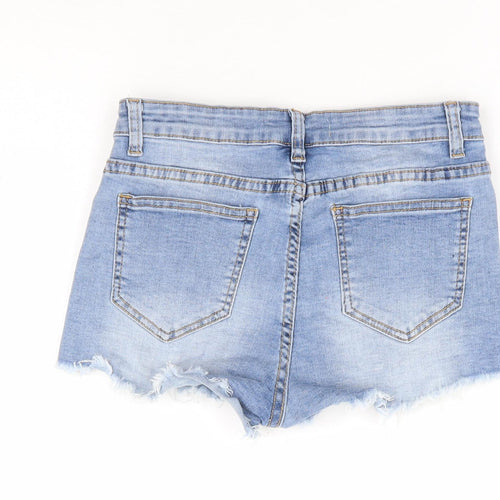 Cherry Koko Womens Blue Cotton Hot Pants Shorts Size S L3 in Regular Zip - Distressed Hems