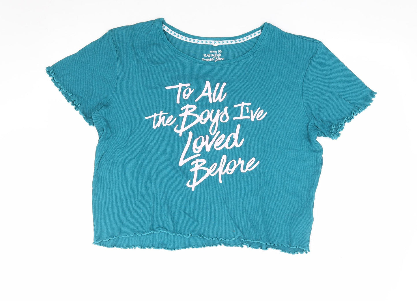 Primark Womens Green Cotton Cropped T-Shirt Size 12 Round Neck - To All the Boys I've Loved Before