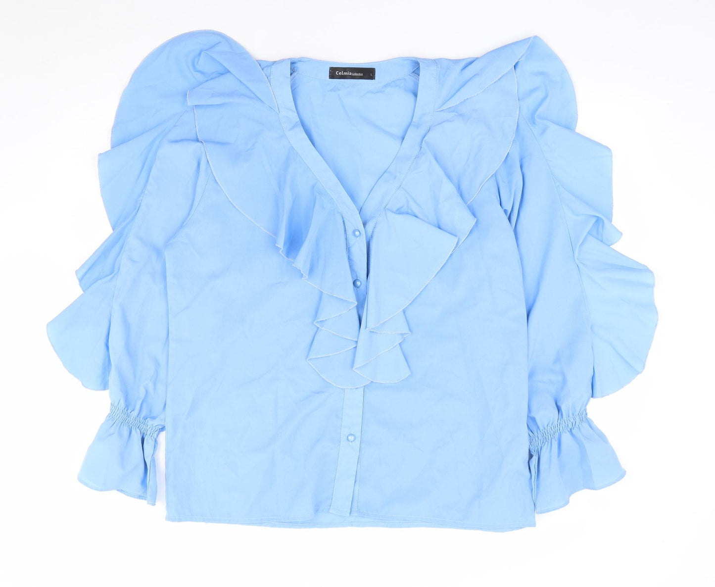 Celmia Collection Womens Blue Polyester Jersey Blouse Size L V-Neck