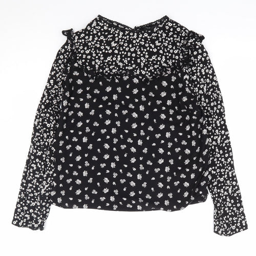 New Look Womens Black Floral Viscose Basic Blouse Size 10 Round Neck