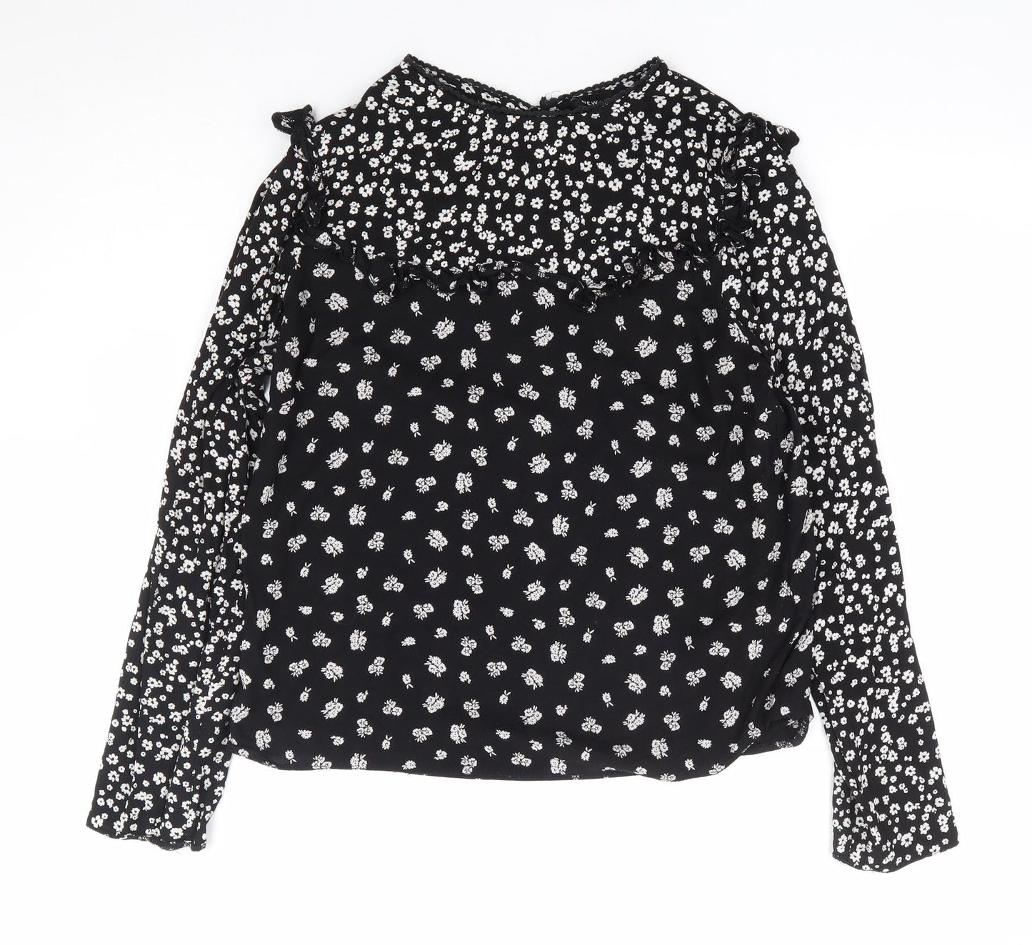 New Look Womens Black Floral Viscose Basic Blouse Size 10 Round Neck