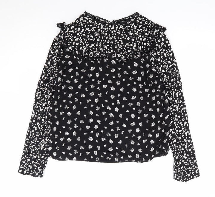New Look Womens Black Floral Viscose Basic Blouse Size 10 Round Neck
