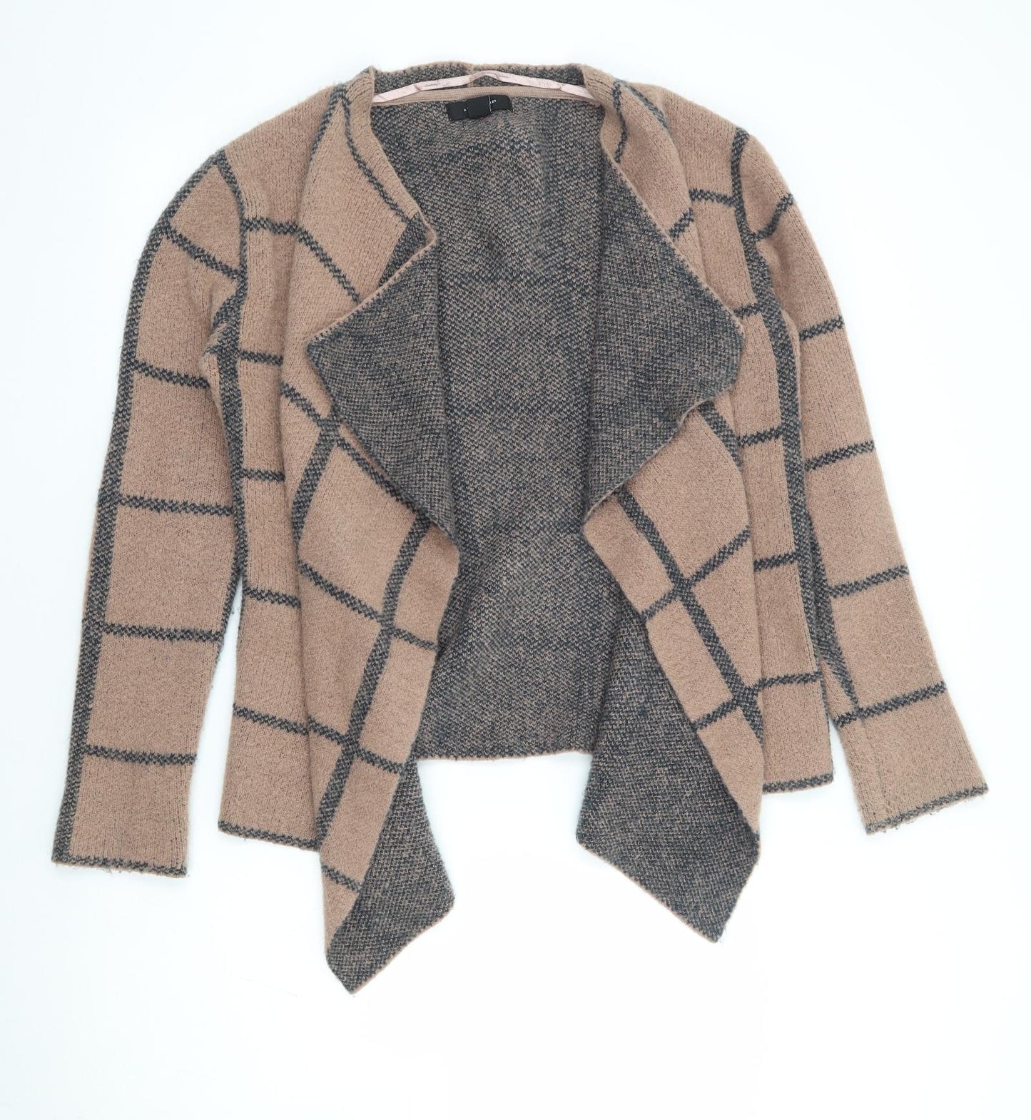 Primark Womens Brown V-Neck Check Acrylic Cardigan Jumper Size 10 - Waterfall Design