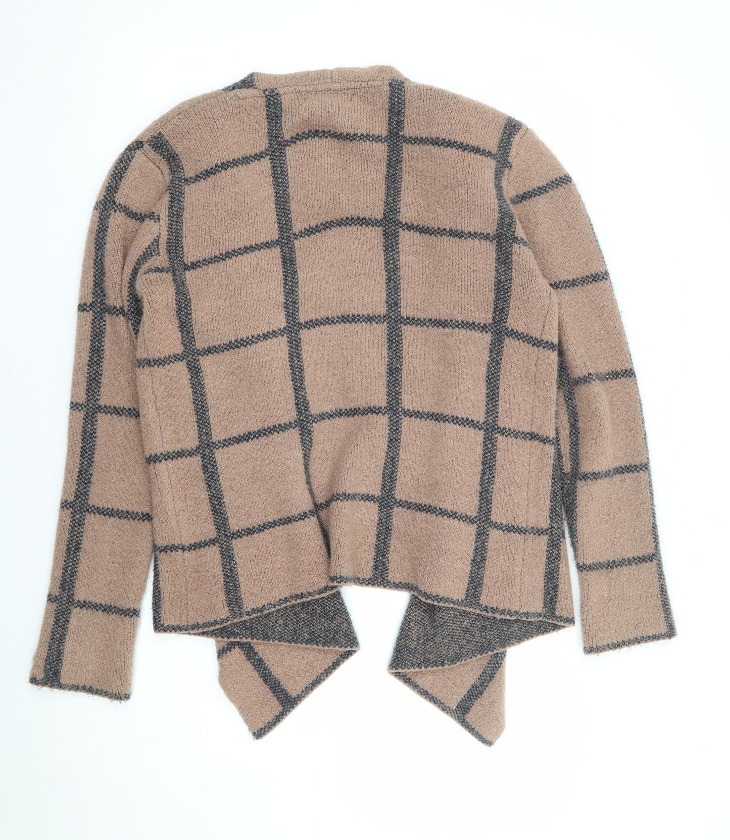 Primark Womens Brown V-Neck Check Acrylic Cardigan Jumper Size 10 - Waterfall Design