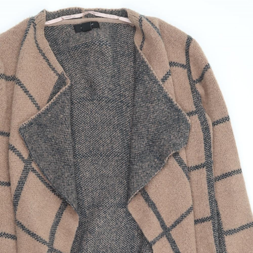 Primark Womens Brown V-Neck Check Acrylic Cardigan Jumper Size 10 - Waterfall Design