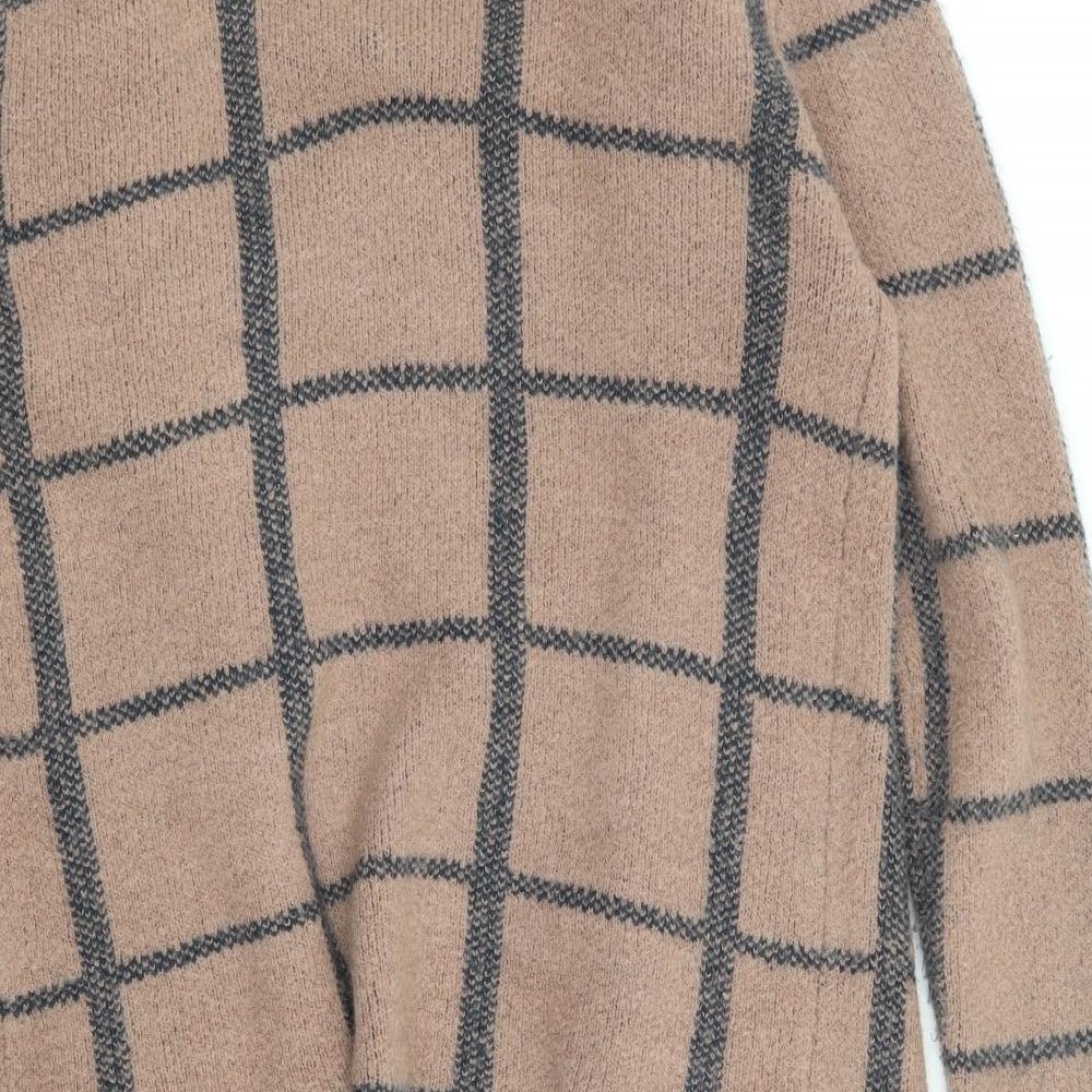 Primark Womens Brown V-Neck Check Acrylic Cardigan Jumper Size 10 - Waterfall Design