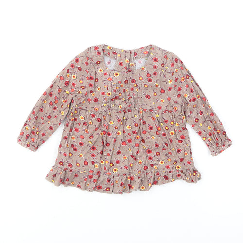 Marks and Spencer Girls Brown Floral Cotton Shift Size 6-9 Months Round Neck Button