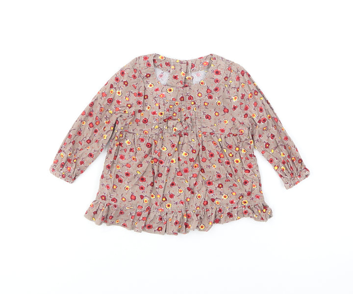 Marks and Spencer Girls Brown Floral Cotton Shift Size 6-9 Months Round Neck Button