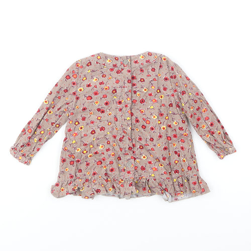 Marks and Spencer Girls Brown Floral Cotton Shift Size 6-9 Months Round Neck Button