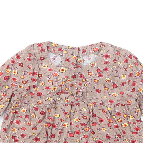 Marks and Spencer Girls Brown Floral Cotton Shift Size 6-9 Months Round Neck Button