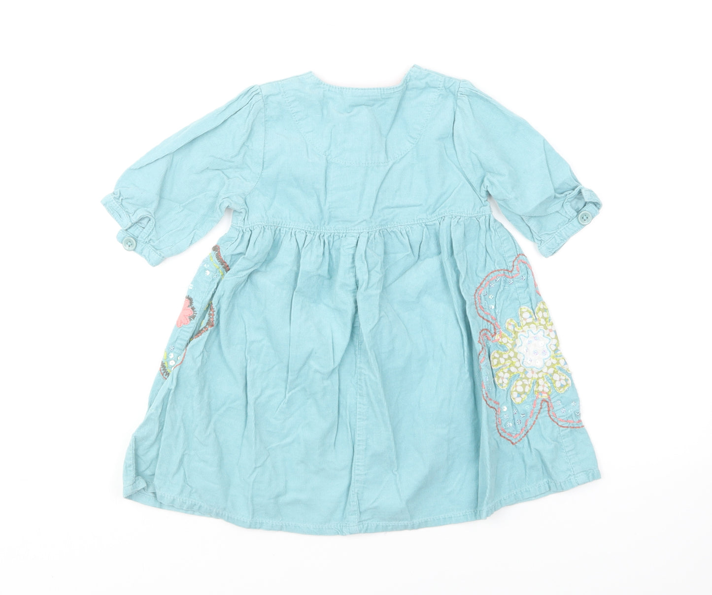 NEXT Girls Blue Cotton Skater Dress Size 18-24 Months Round Neck Button - Floral Detailing