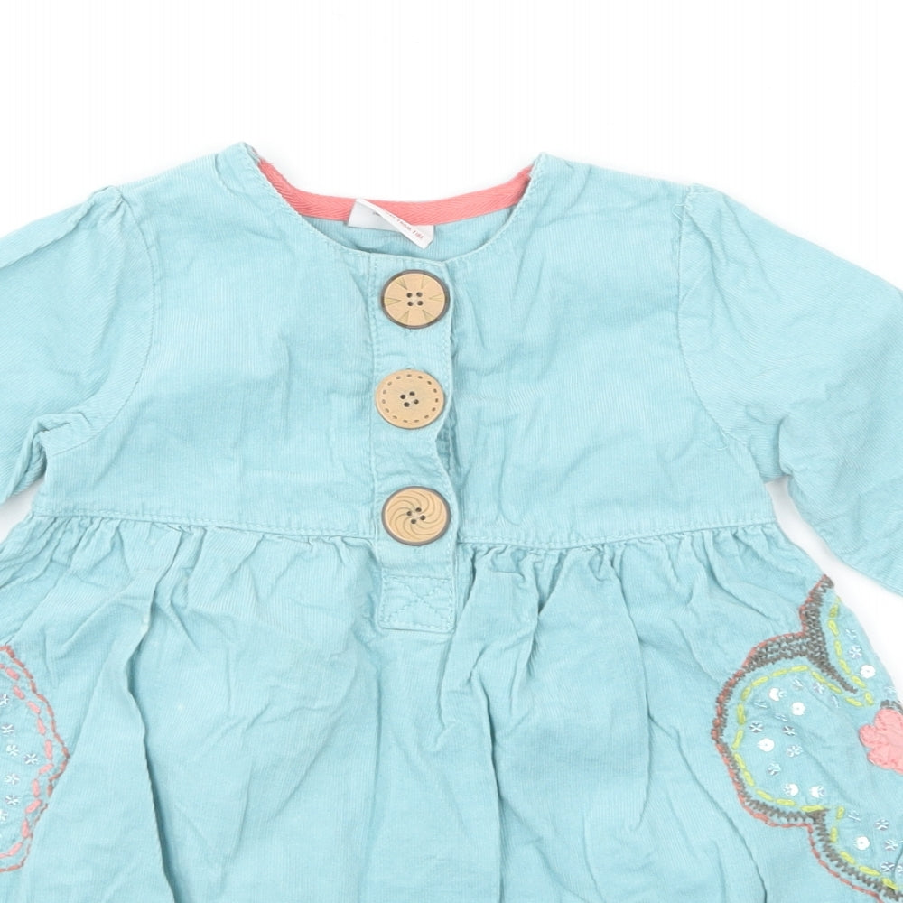 NEXT Girls Blue Cotton Skater Dress Size 18-24 Months Round Neck Button - Floral Detailing